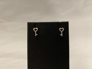 14k White Gold Diamond Key Heart Stud Earrings