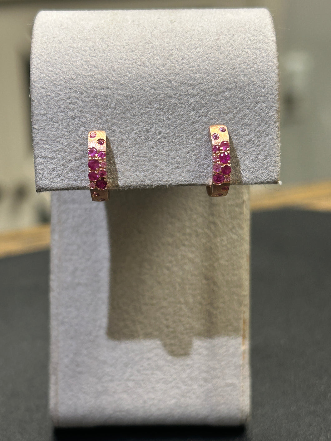 Ladies Dilamani 14k Rose Gold Pink Sapphire and Ruby Flush Set Huggy Earrings