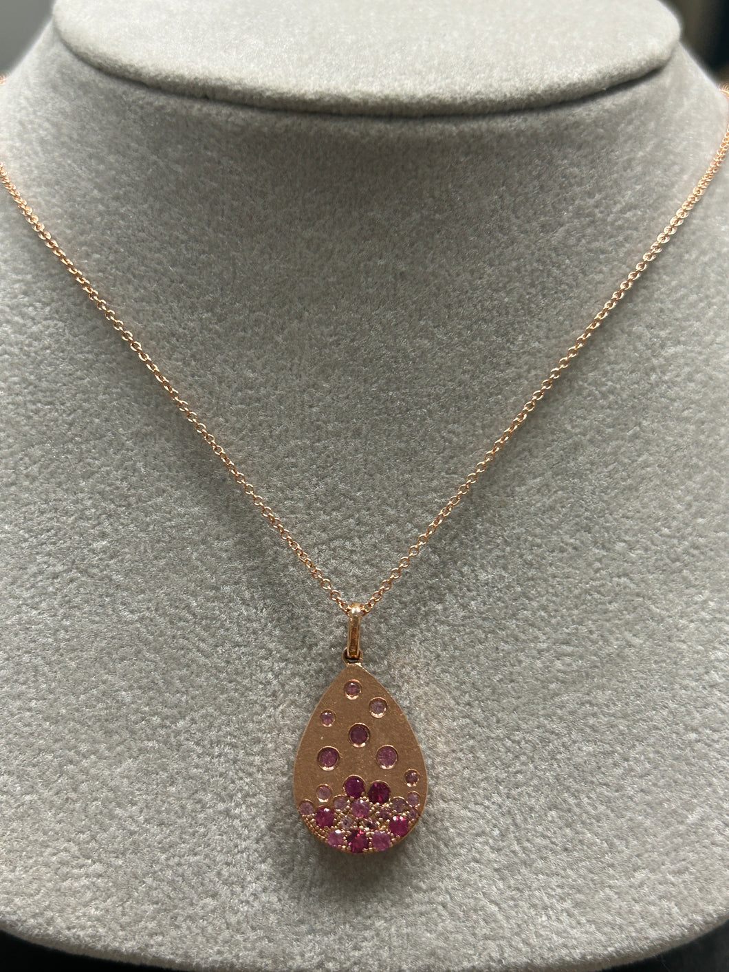 Ladies Dilamani 14k Rose Gold Pink Sapphire, Ruby and Diamond Flush Set Pear Pendant on a 16-18