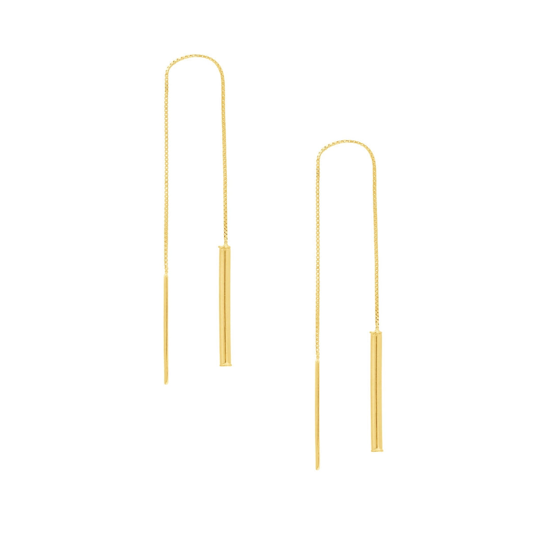 14k Yellow Gold Tube Bar Box Chain Threader Earrings.