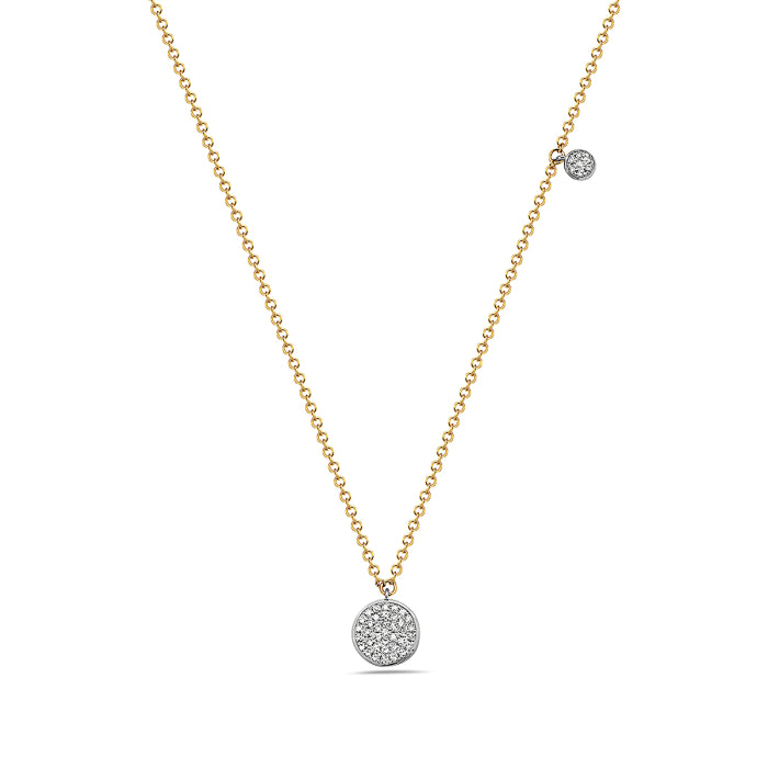 14k Yellow Gold and White Gold Double Diamond Circle Necklace on a 16-18