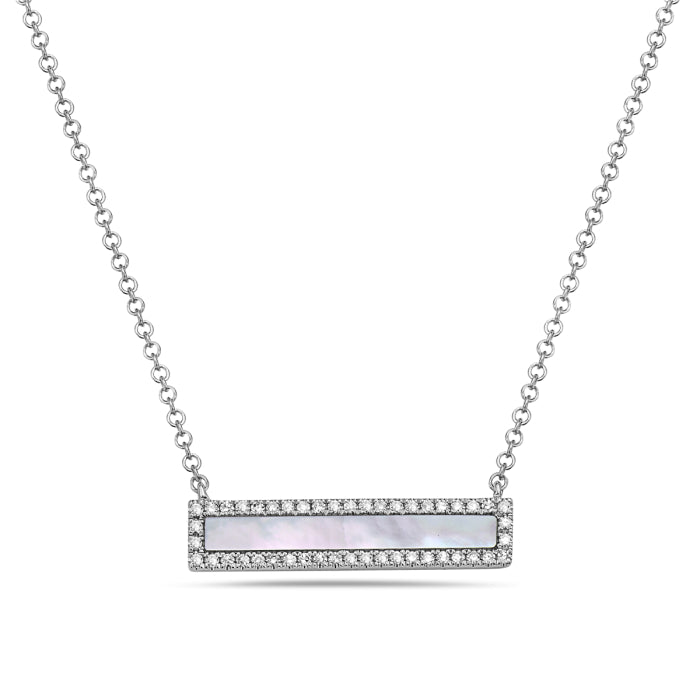 14k White Gold Mother of Pearl and Diamond Horizontal Bar Pendant