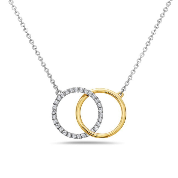 One Ladies 14k Two Tone White and Yellow Gold Diamond Interlocking Circle Necklace