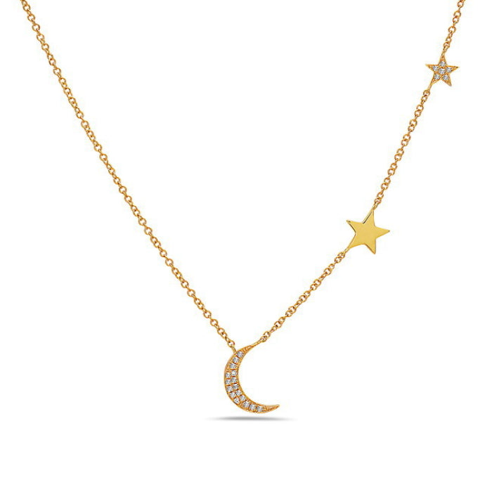 14k Yellow Gold Diamond Moon and Starts Necklace
