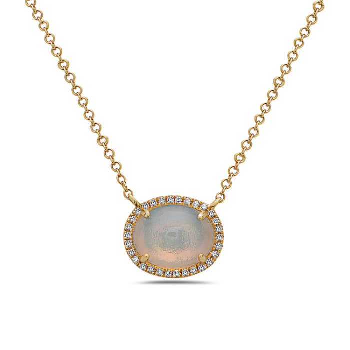14k Yellow Gold Opal and Diamond Halo Necklace