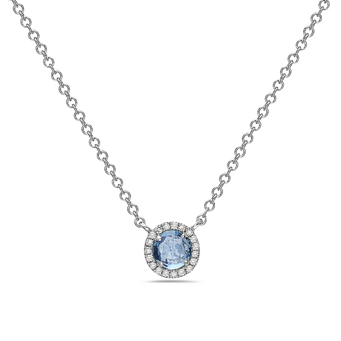One Ladies 14k White Gold Blue Topaz and Diamond Necklace