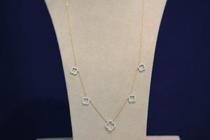 14k Yellow Gold Necklace with Five White Gold Diamond Cloverlike Stations