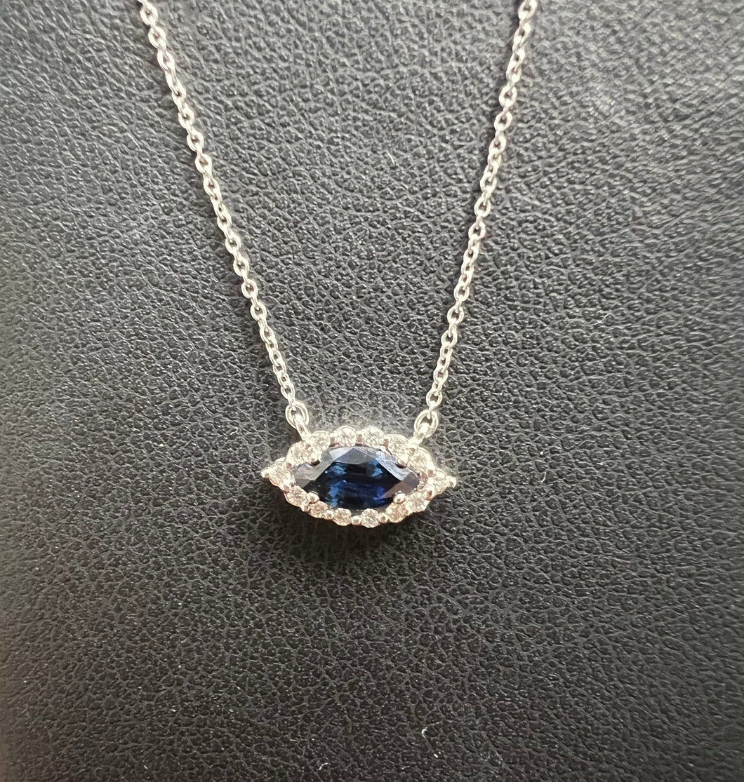 14k White Gold Sapphire and Diamond Marquise Pendant