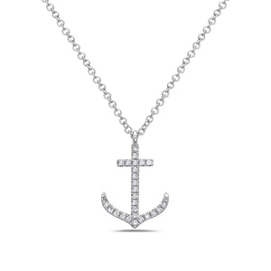 14k White Gold Diamond Anchor Pendant