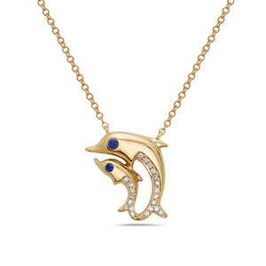 14k Yellow Gold Diamond and Sapphire Dolphins Necklace