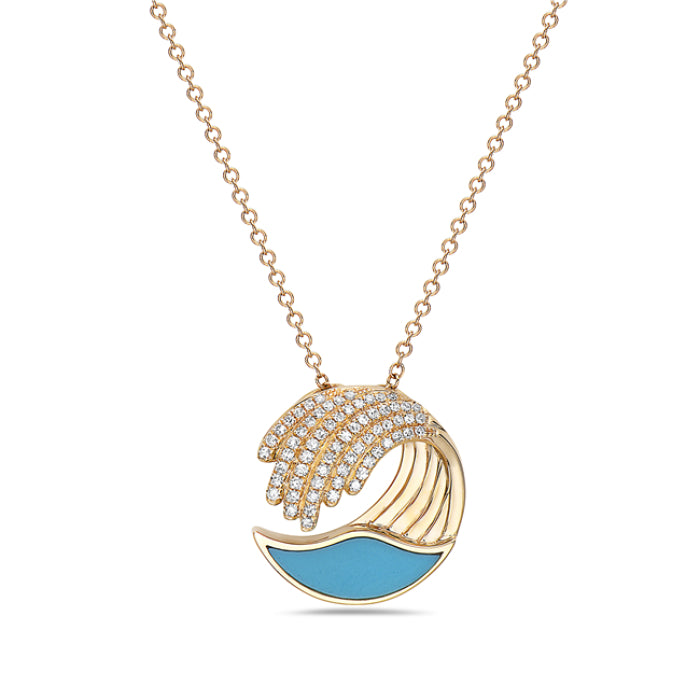 14k Yellow Gold Diamond and Turquoise Wave Necklace