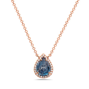 14k Rose Gold Blue Topaz and Diamond Pendant on a 16-18" Cable Chain