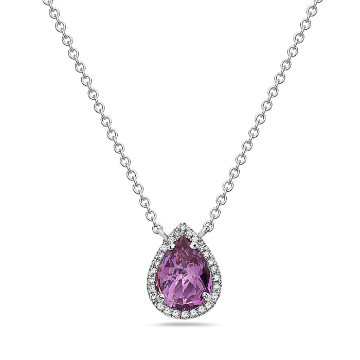 Ladies 14k White Gold Amethyst and Diamond Pendant on a 16-18