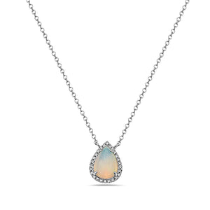 14k White Gold Diamond and Opal Pear Shaped Necklace