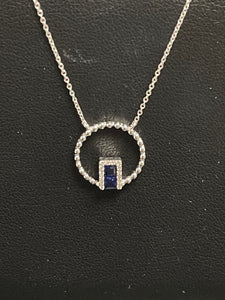 One Ladies 14k White Gold Sapphire and Diamond Pendant with Beaded Circle on an adjustable 16"-18" 14k White Gold Chain