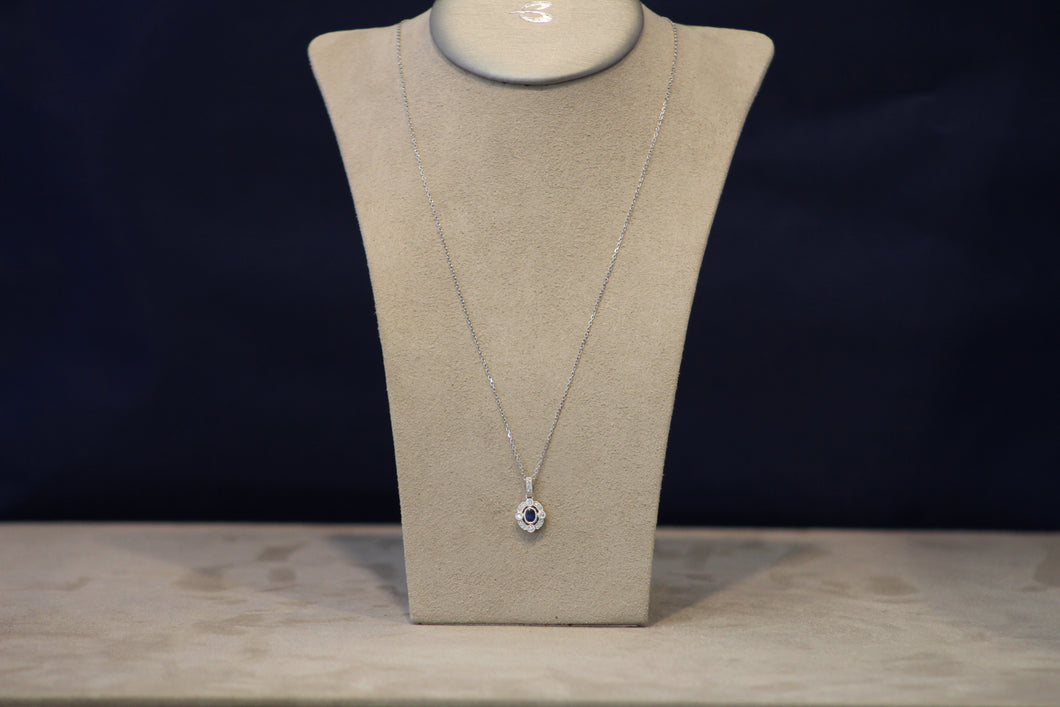 14k White Gold Oval Sapphire and Diamond Pendant
