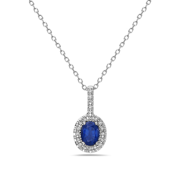 14k White Gold Oval Sapphire and Diamond Halo Necklace