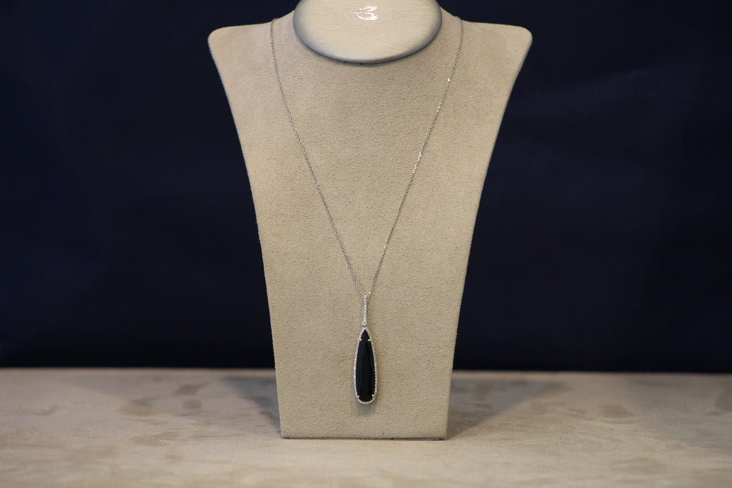 14k White Gold Onyx and Diamond Pendant and Chain
