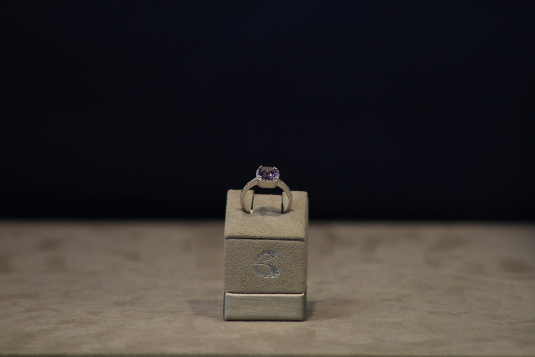 14k White Gold Diamond Halo and Amethyst Ring