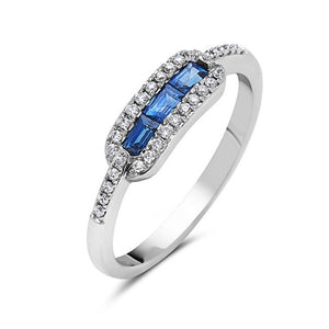 Ladies 14k White Gold Sapphire and Diamond Ring with 3 Baguette Sapphires and 30 Round Diamonds