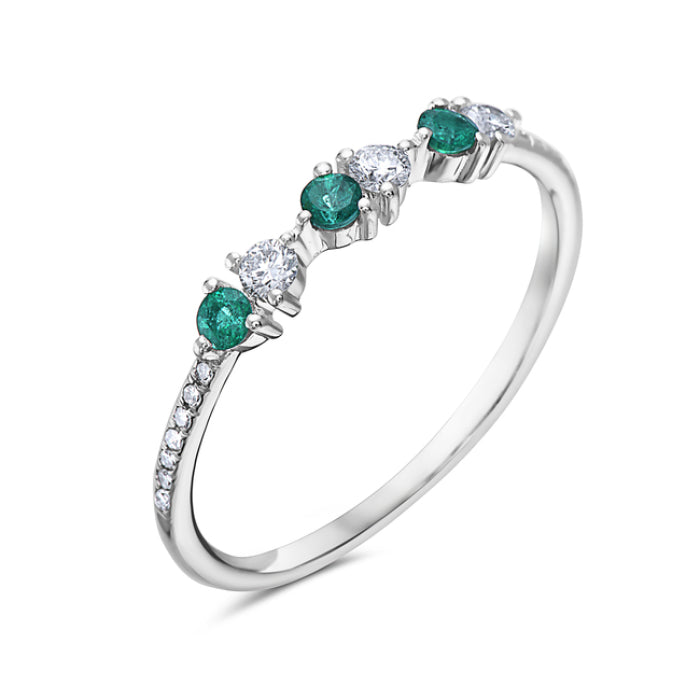 Ladies 14k White Gold Diamond and Emerald Ring with 17 Round Diamonds and 3 Round Emeralds
