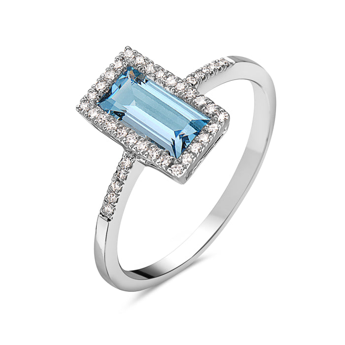 14k White Gold Diamond and Blue Topaz Rectangular Ring