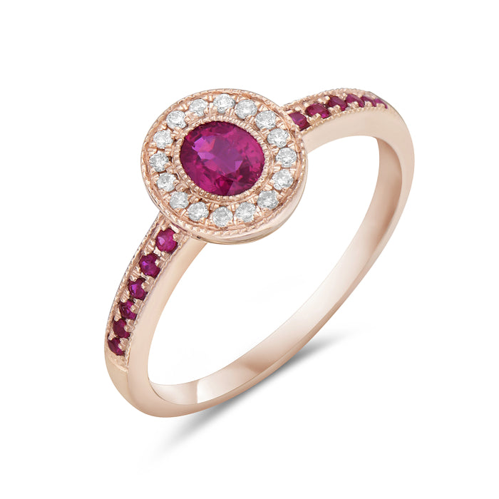 One Ladies 14k Rose Gold Ruby and Diamond Ring