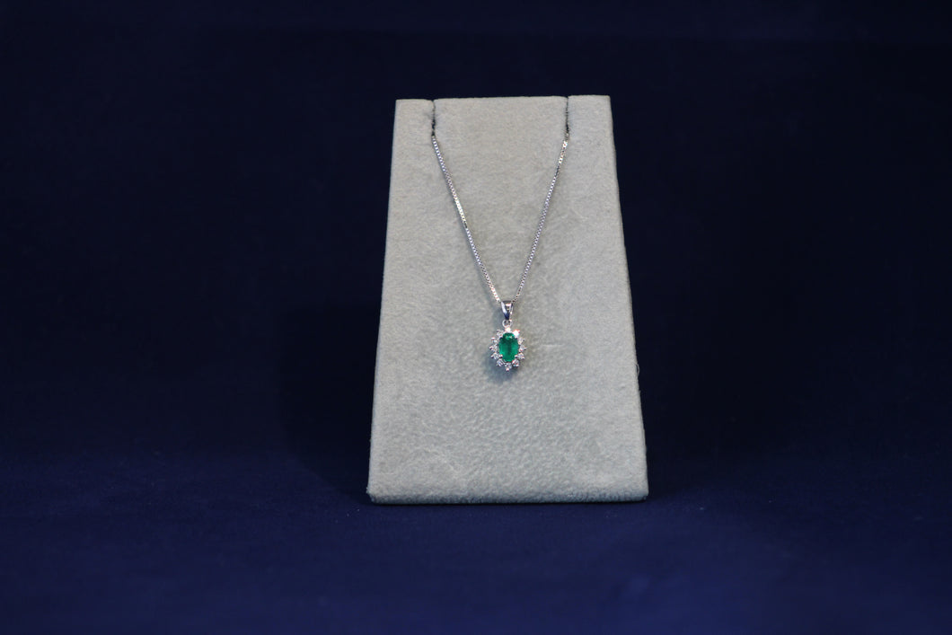 14k White Gold Emerald and Diamond Pendant (18