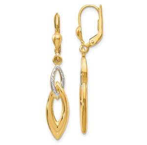 14k Yellow Gold with White Rhodium Diamond-Cut Leverback Earrings