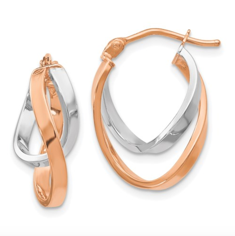 14k White and Rose Gold Polished Double Twist Hinged Hoop Earrings