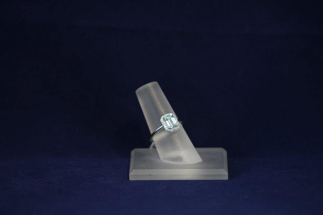14k White Gold Emerald Cut Aquamarine and Diamond Ring
