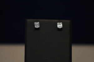 14k White Gold Square Baguette Diamond and Round Diamond Cluster Stud Earrings