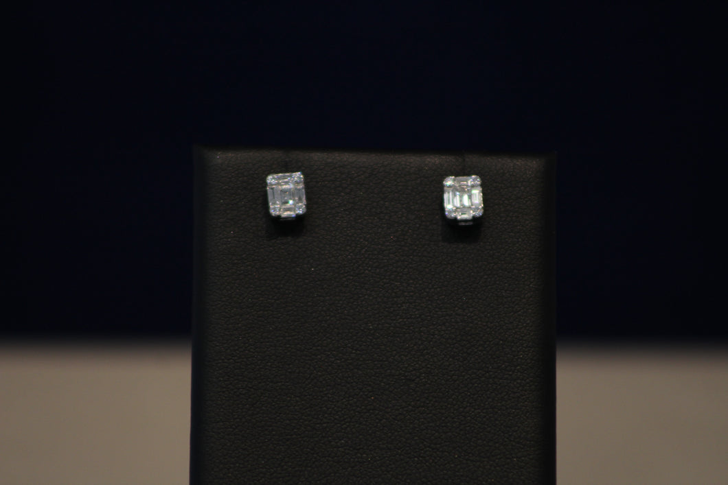 14k White Gold Square Baguette Diamond and Round Diamond Cluster Stud Earrings