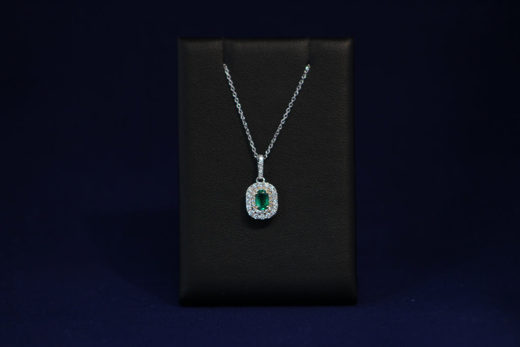 14k White Gold Oval Emerald and Two Tone Diamond Pendant