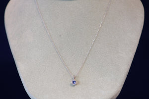 14k White Gold Round Ceylon Color Sapphire and Diamond Halo Pendant