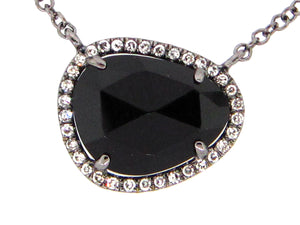 14k White Gold Black Onyx and Diamond Pendant with Extender