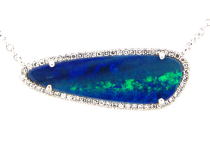 14k White Gold Black Opal and Diamond East West Pendant with Extender