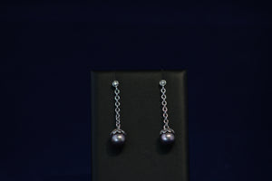 14k White Gold Black Freshwater Pearl Diamond Drop Earrings
