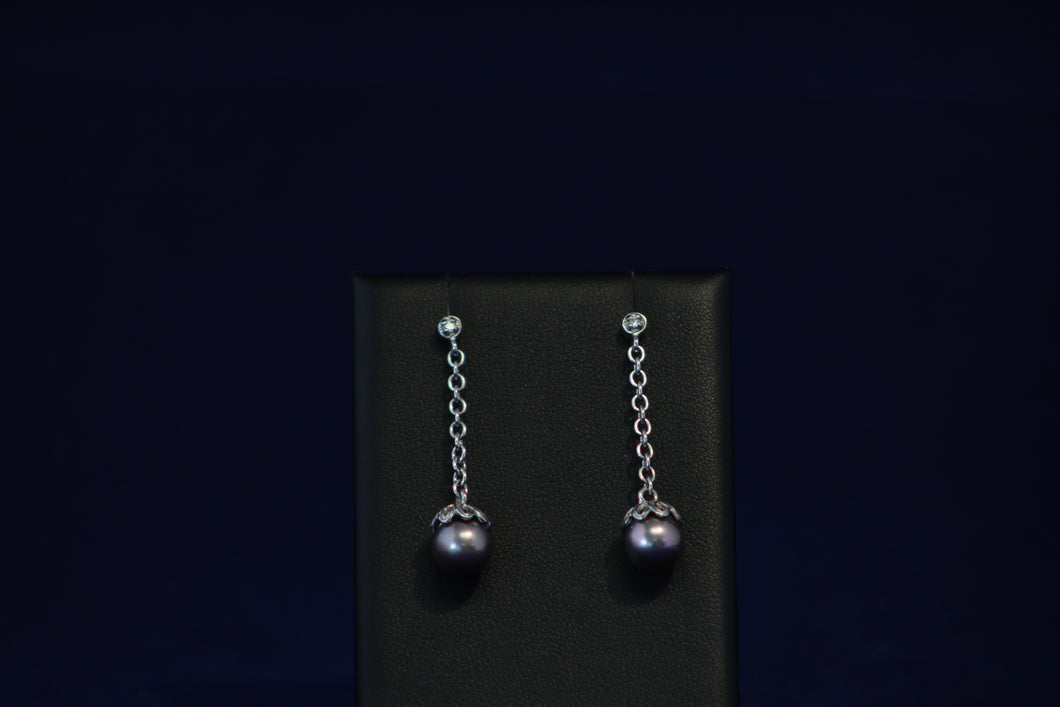 14k White Gold Black Freshwater Pearl Diamond Drop Earrings