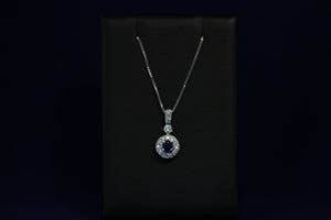 14k White Gold Sapphire and Halo Diamond Pendant