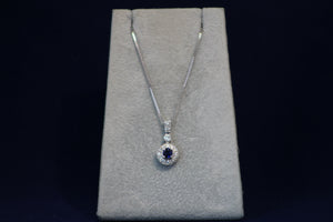 14k White Gold Sapphire and Halo Diamond Pendant