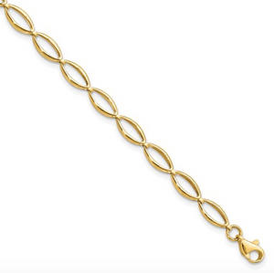 14k Yellow Gold Polished Diamond Cut Marquis Shaped Link 7" Bracelet