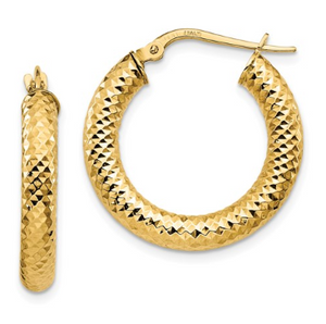 14k Yellow Gold Diamond-Cut Round Hoop Earrings