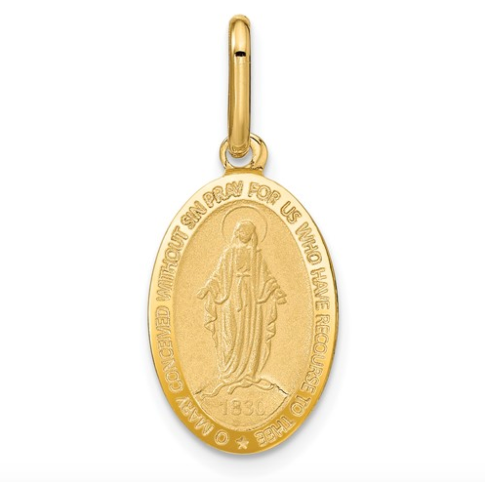 14k Yellow Gold Polished Matte Oval Miraculous Medal